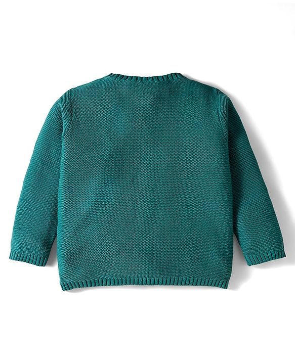 Babyhug 100% Cotton Knit Full Sleeves Front Open Sweater Set with Bear Patch & Cap - Teal Blue