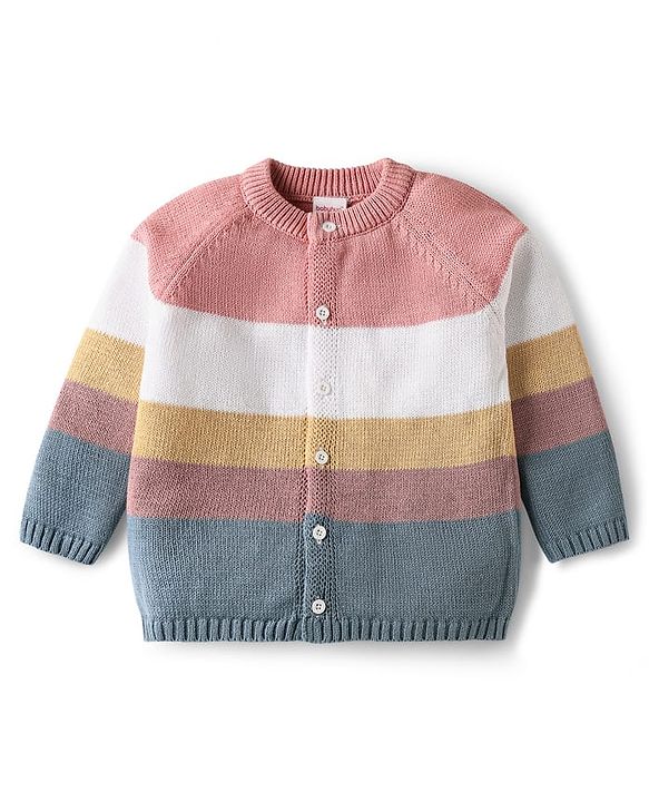 Babyhug Cotton Knit Full Raglan Sleeves Front Open Sweater Set With Stripes & Cap - Multi Colour