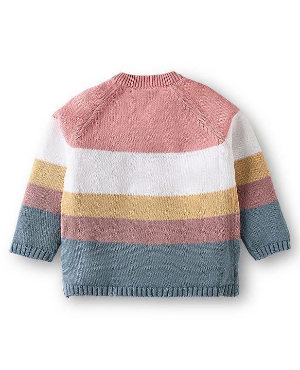 Babyhug Cotton Knit Full Raglan Sleeves Front Open Sweater Set With Stripes & Cap - Multi Colour