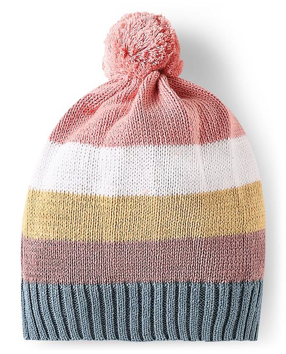 Babyhug Cotton Knit Full Raglan Sleeves Front Open Sweater Set With Stripes & Cap - Multi Colour