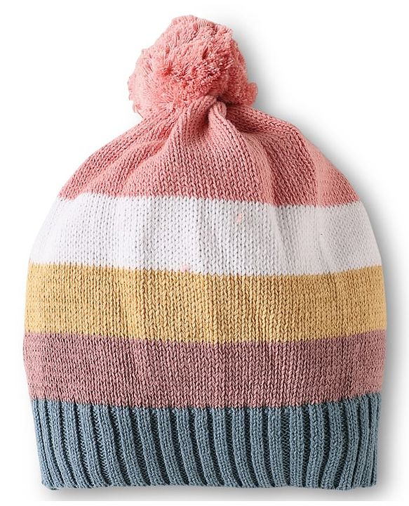 Babyhug Cotton Knit Full Raglan Sleeves Front Open Sweater Set With Stripes & Cap - Multi Colour