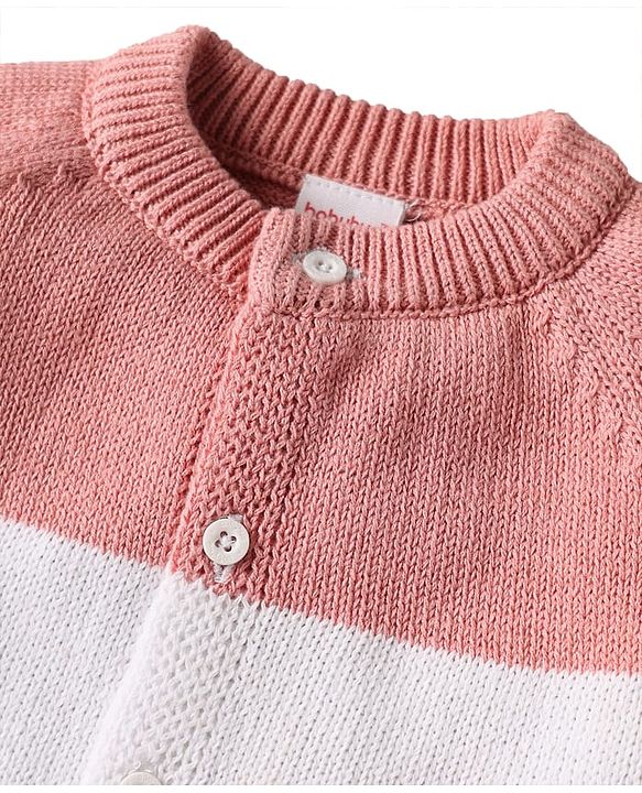 Babyhug Cotton Knit Full Raglan Sleeves Front Open Sweater Set With Stripes & Cap - Multi Colour