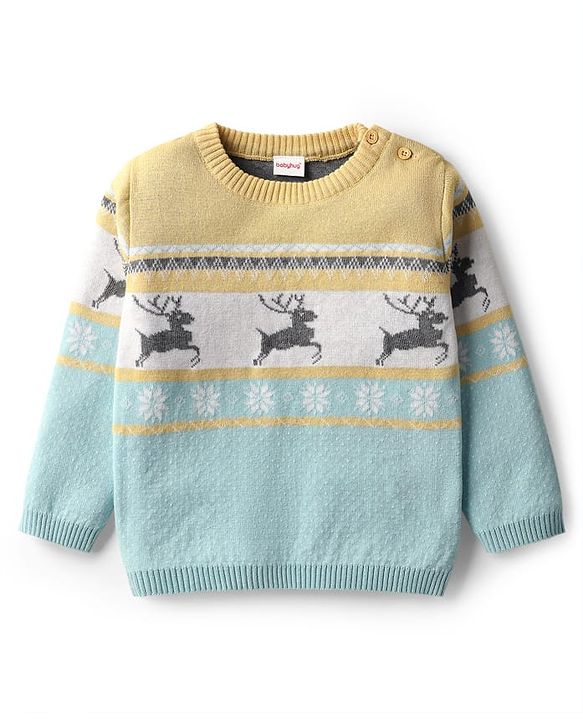 Babyhug Cotton Knit Full Sleeves Striped Sweater Set with Cap & Dear Design - Light Blue
