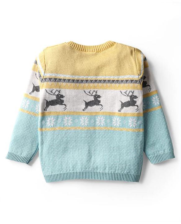 Babyhug Cotton Knit Full Sleeves Striped Sweater Set with Cap & Dear Design - Light Blue