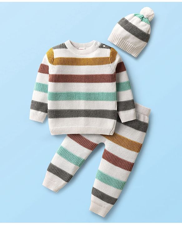 Babyhug Cotton Knit Full Sleeves Striped Sweater Set with Cap - White