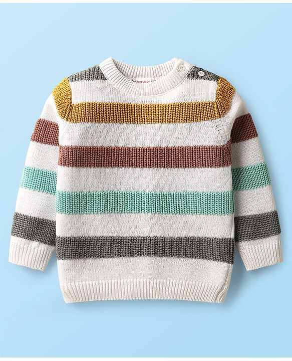 Babyhug Cotton Knit Full Sleeves Striped Sweater Set with Cap - White