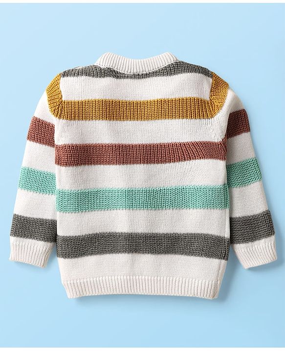 Babyhug Cotton Knit Full Sleeves Striped Sweater Set with Cap - White