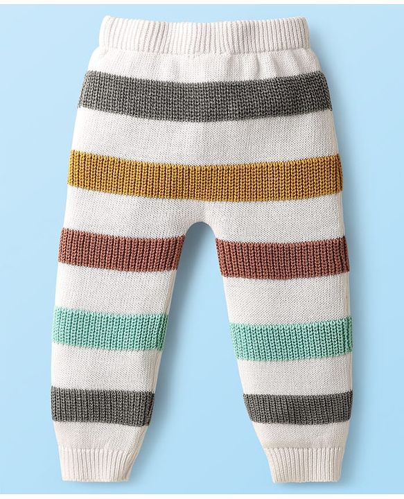 Babyhug Cotton Knit Full Sleeves Striped Sweater Set with Cap - White