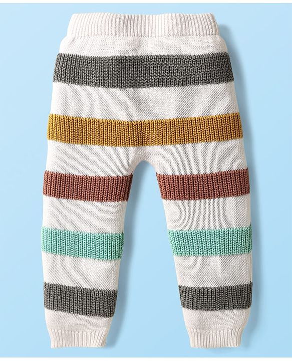 Babyhug Cotton Knit Full Sleeves Striped Sweater Set with Cap - White