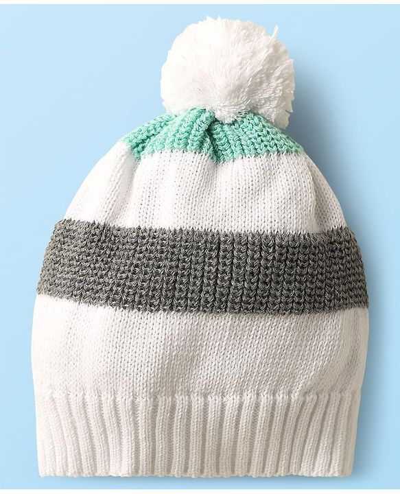 Babyhug Cotton Knit Full Sleeves Striped Sweater Set with Cap - White