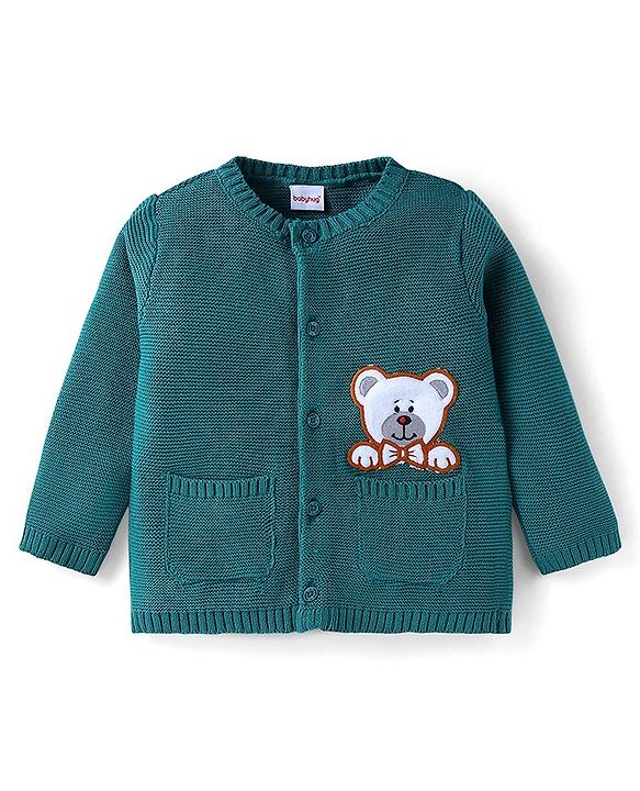 Babyhug Knitted Full Sleeves Front Open Sweater Set with Cap & Teddy Embroidery - Teal Blue
