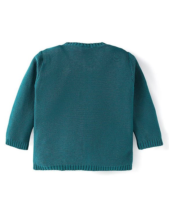 Babyhug Knitted Full Sleeves Front Open Sweater Set with Cap & Teddy Embroidery - Teal Blue