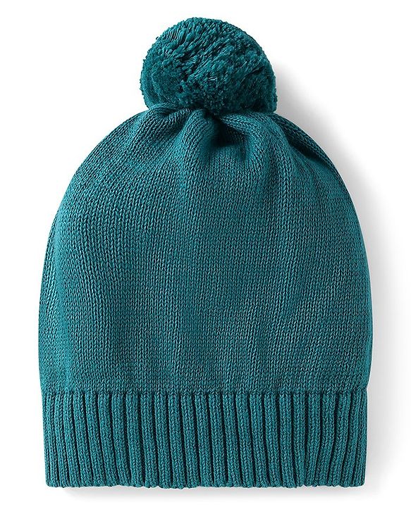 Babyhug Knitted Full Sleeves Front Open Sweater Set with Cap & Teddy Embroidery - Teal Blue