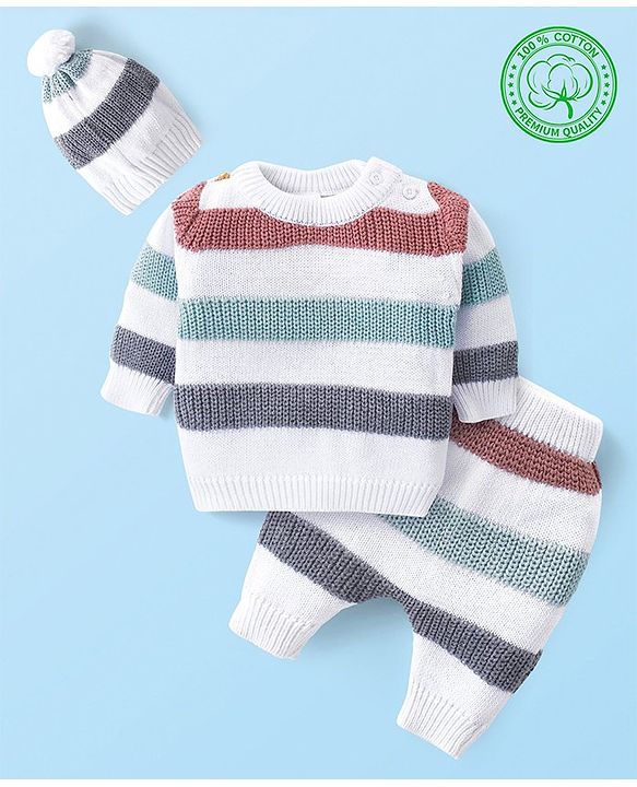 Babyhug Cotton Knit Full Sleeves Striped Pullover Sweater Set With Cap - White