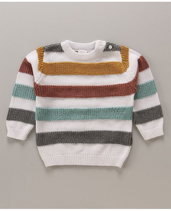 Babyhug Cotton Knit Full Sleeves Striped Pullover Sweater Set With Cap - White