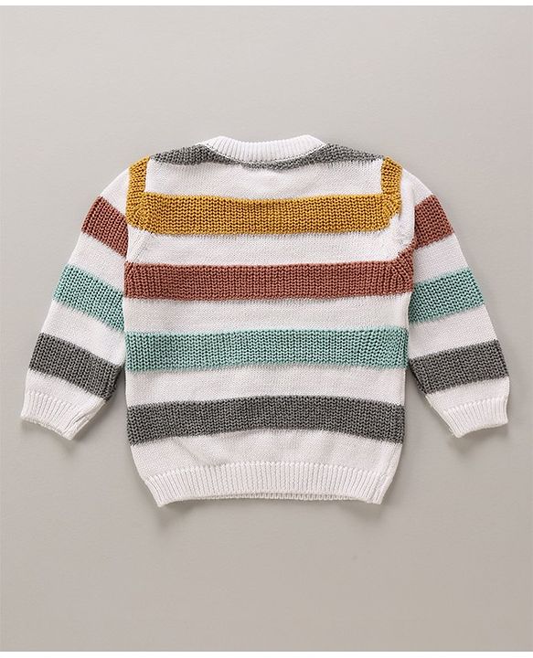 Babyhug Cotton Knit Full Sleeves Striped Pullover Sweater Set With Cap - White