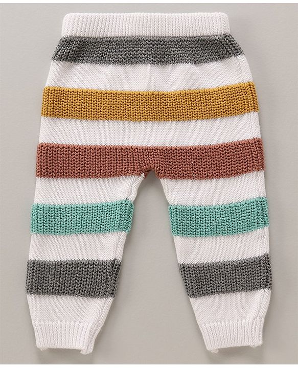 Babyhug Cotton Knit Full Sleeves Striped Pullover Sweater Set With Cap - White