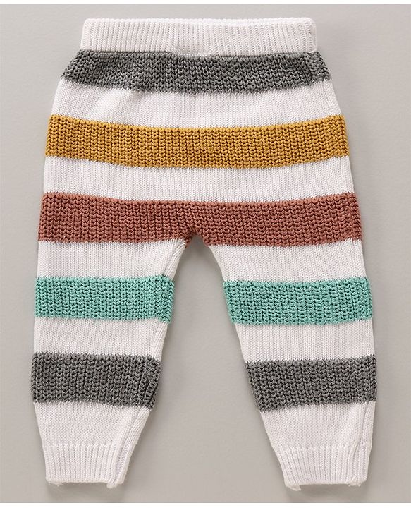 Babyhug Cotton Knit Full Sleeves Striped Pullover Sweater Set With Cap - White