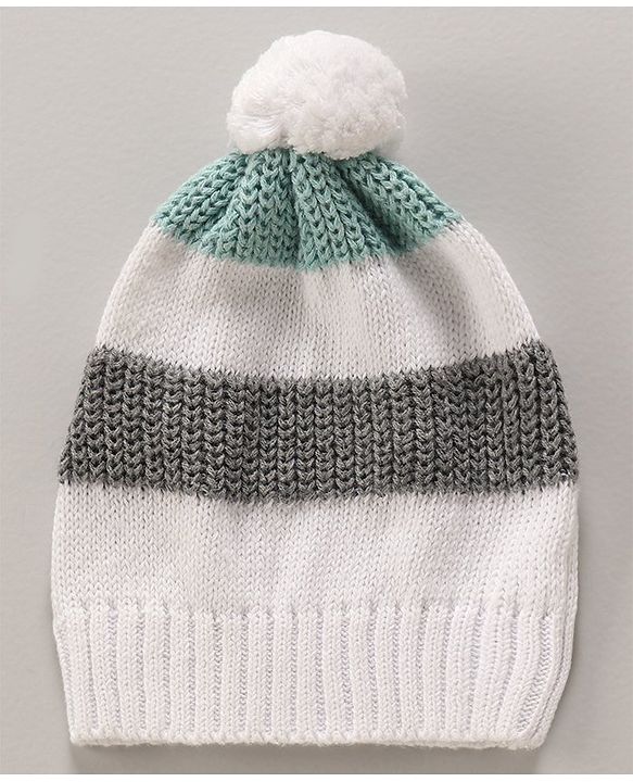 Babyhug Cotton Knit Full Sleeves Striped Pullover Sweater Set With Cap - White