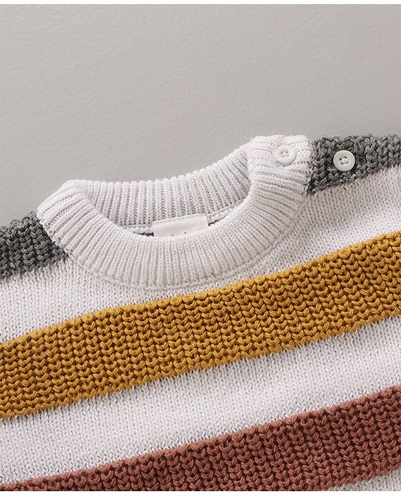 Babyhug Cotton Knit Full Sleeves Striped Pullover Sweater Set With Cap - White