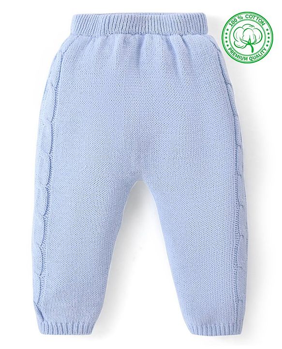 Babyhug Knit Full Length Fleece & Woollen Pant with Cable Knit Design Solid Colour - Blue