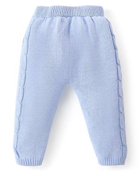Babyhug Knit Full Length Fleece & Woollen Pant with Cable Knit Design Solid Colour - Blue