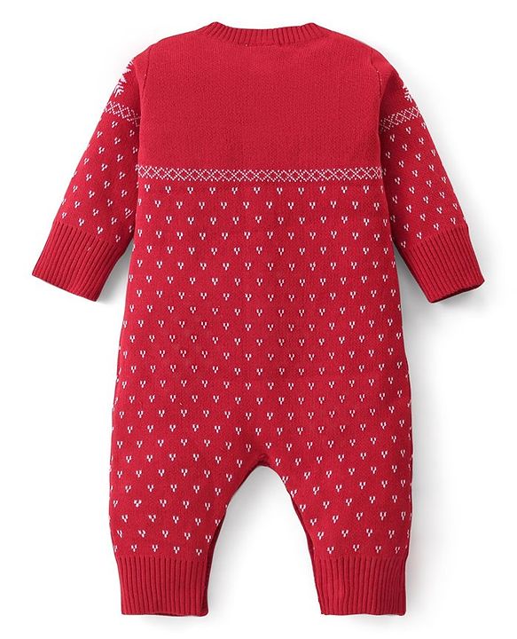 Babyhug Cotton Sweater Knit Full Sleeves Winter Wear Romper with Reindeer Design - Red