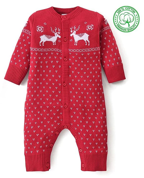 Babyhug Cotton Sweater Knit Full Sleeves Winter Wear Romper with Reindeer Design - Red