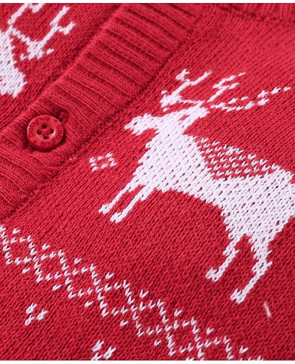 Babyhug Cotton Sweater Knit Full Sleeves Winter Wear Romper with Reindeer Design - Red