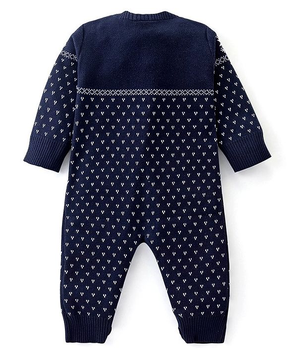 Babyhug Knitted Full Sleeves Winter Wear Romper With Christmas Theme -Navy Blue