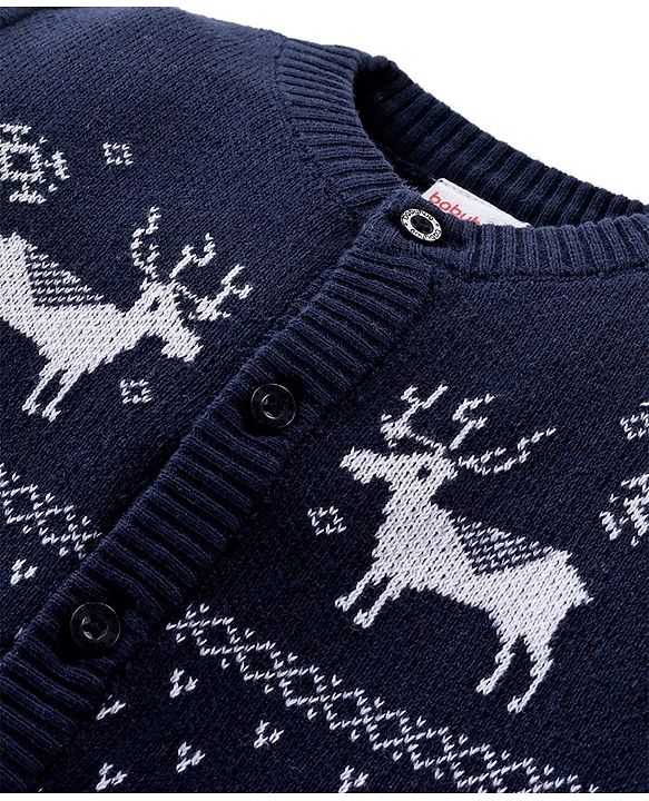 Babyhug Knitted Full Sleeves Winter Wear Romper With Christmas Theme -Navy Blue
