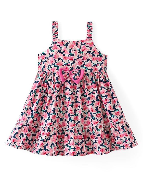 Babyhug 100% Cotton Knit Sleeveless  Frock With Floral Print & Bow Applique- Blue