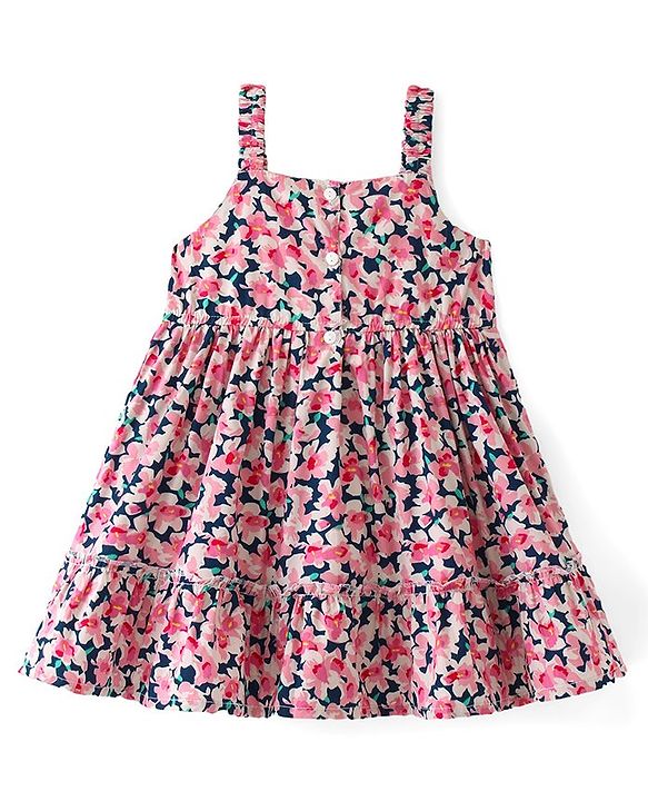 Babyhug 100% Cotton Knit Sleeveless  Frock With Floral Print & Bow Applique- Blue