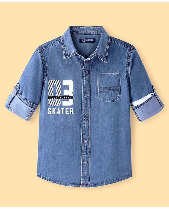 Pine Kids Denim Full Sleeves Washed Shirt With Text Print - Navy Blue