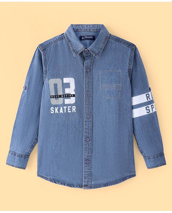 Pine Kids Denim Full Sleeves Washed Shirt With Text Print - Navy Blue