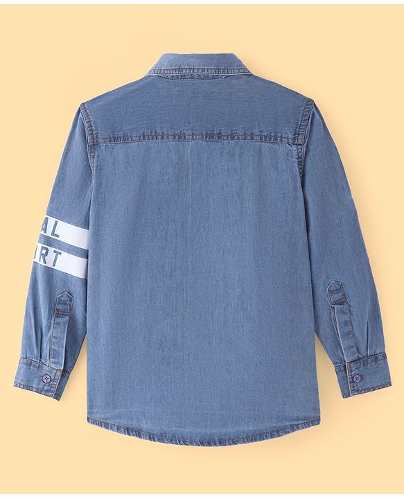 Pine Kids Denim Full Sleeves Washed Shirt With Text Print - Navy Blue