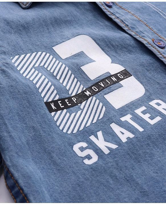 Pine Kids Denim Full Sleeves Washed Shirt With Text Print - Navy Blue