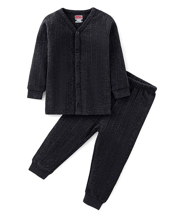 Babyhug Front Open Full Sleeves Thermal Vest & Leggings Set - Dark Grey