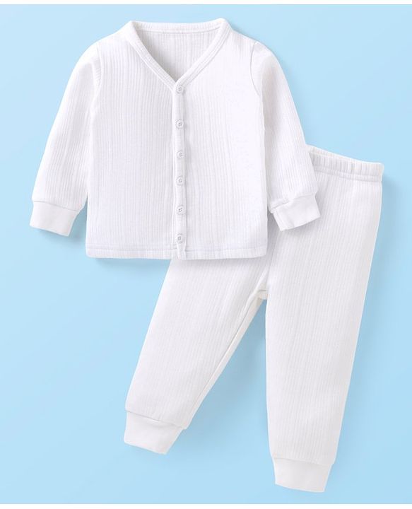 Babyhug Full Sleeves Solid Colour Front Open  Thermal Vest & Pant Set - Off White