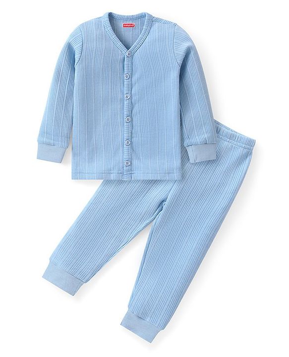 Babyhug Full Sleeves Solid Front Open Vest & Leggings Set - Blue