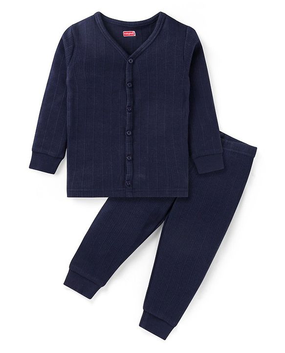 Babyhug Full Sleeves Solid Color Front Open Thermal Vest & Legging Set - Navy Blue
