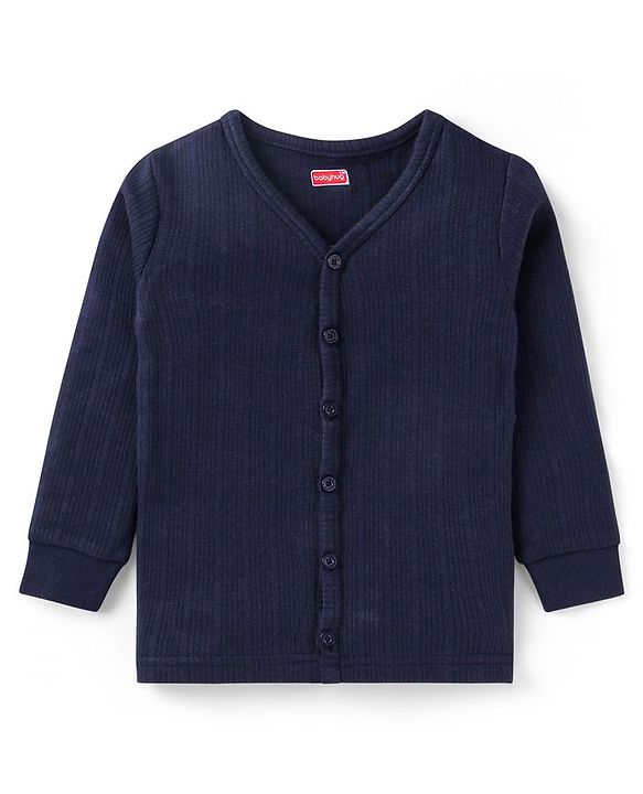 Babyhug Full Sleeves Solid Color Front Open Thermal Vest & Legging Set - Navy Blue