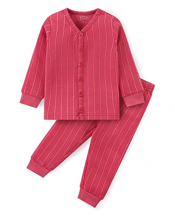 Babyhug Full Sleeves Front Open Thermal Wear Set - Coral