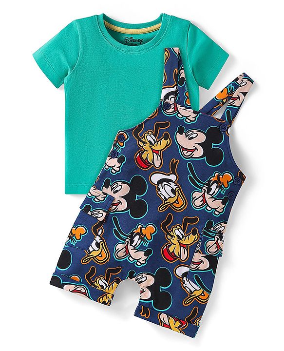 Babyhug Disney Cotton Knit Half Sleeves T-Shirt & Dungaree with Mickey Mouse Graphics - Navy Blue & Green