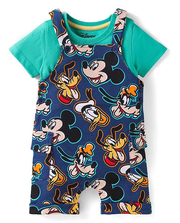 Babyhug Disney Cotton Knit Half Sleeves T-Shirt & Dungaree with Mickey Mouse Graphics - Navy Blue & Green