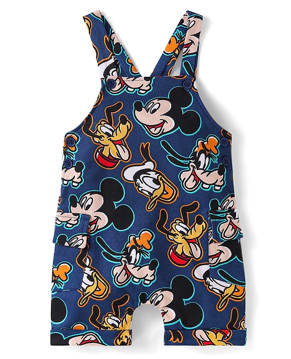 Babyhug Disney Cotton Knit Half Sleeves T-Shirt & Dungaree with Mickey Mouse Graphics - Navy Blue & Green