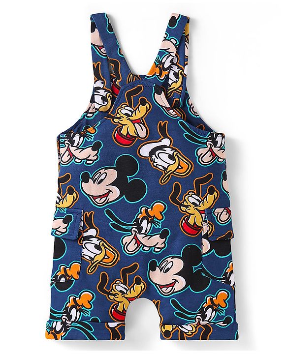 Babyhug Disney Cotton Knit Half Sleeves T-Shirt & Dungaree with Mickey Mouse Graphics - Navy Blue & Green