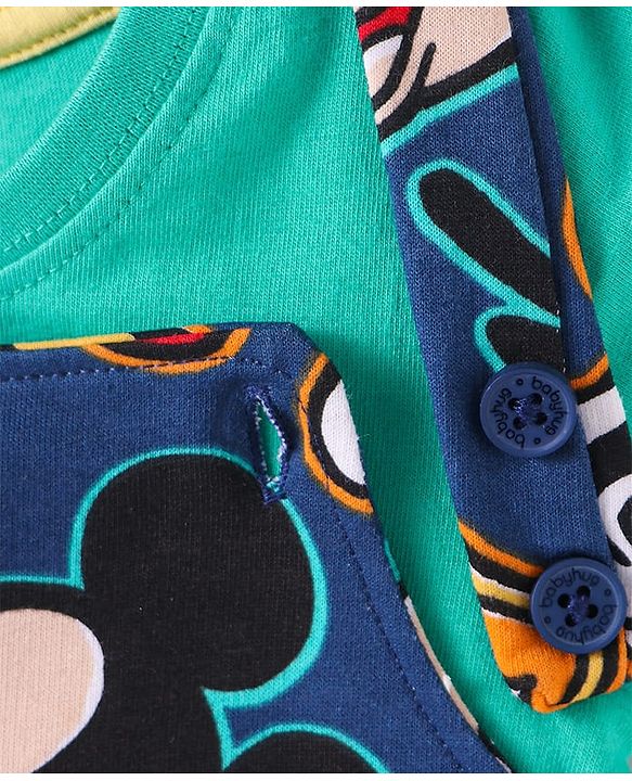 Babyhug Disney Cotton Knit Half Sleeves T-Shirt & Dungaree with Mickey Mouse Graphics - Navy Blue & Green