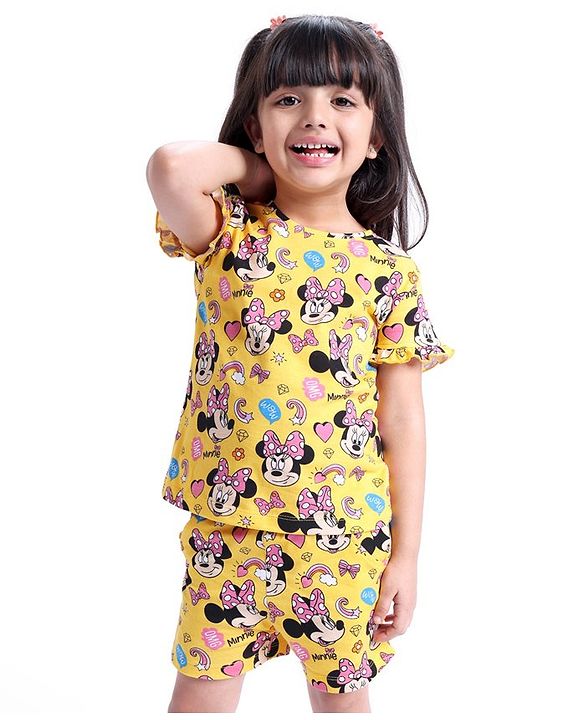 Babyhug Disney Single Jersey Half Sleeves Night Suit Minnie Mouse Print - Yellow