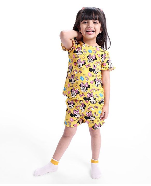 Babyhug Disney Single Jersey Half Sleeves Night Suit Minnie Mouse Print - Yellow